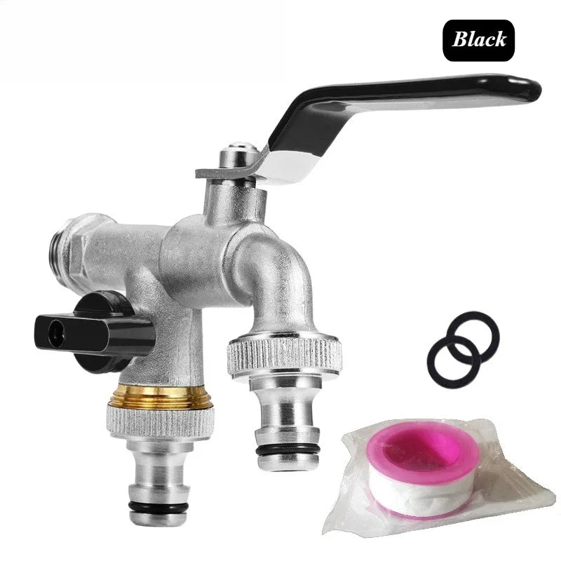Brass Garden Water Faucet Tape Keys 1/2'' 3/4'' 1 Inlet 2 Outlet Bibcock with Dual Nipple Water Splitter Connector