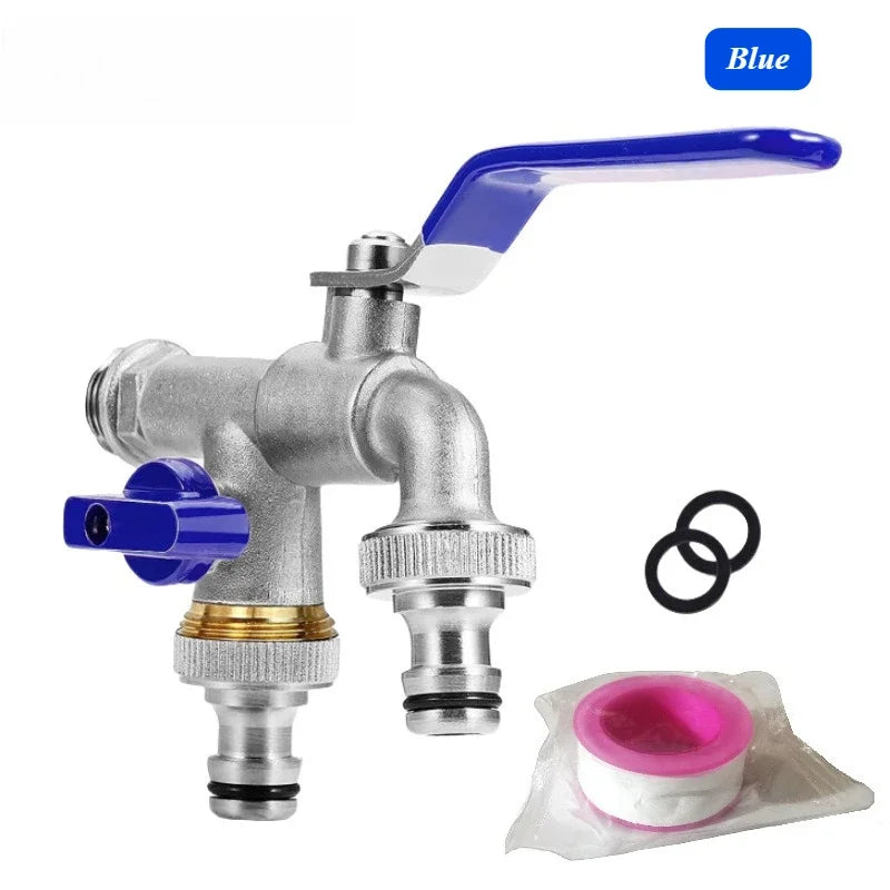 Brass Garden Water Faucet Tape Keys 1/2'' 3/4'' 1 Inlet 2 Outlet Bibcock with Dual Nipple Water Splitter Connector