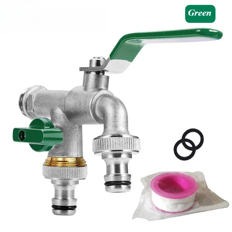Brass Garden Water Faucet Tape Keys 1/2'' 3/4'' 1 Inlet 2 Outlet Bibcock with Dual Nipple Water Splitter Connector
