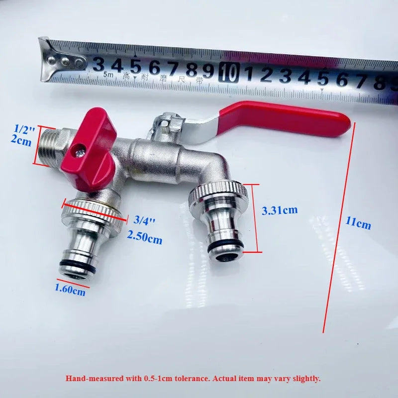 Brass Garden Water Faucet Tape Keys 1/2'' 3/4'' 1 Inlet 2 Outlet Bibcock with Dual Nipple Water Splitter Connector